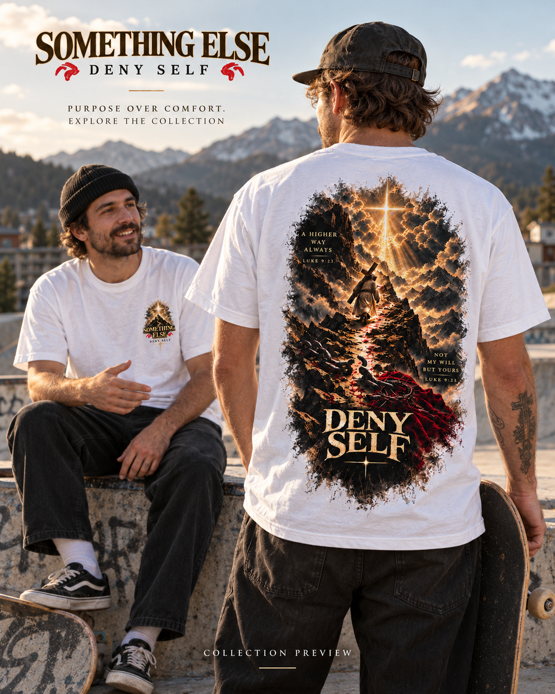 AI-created lifestyle preview of adults wearing the White T-shirt · Deny Self I