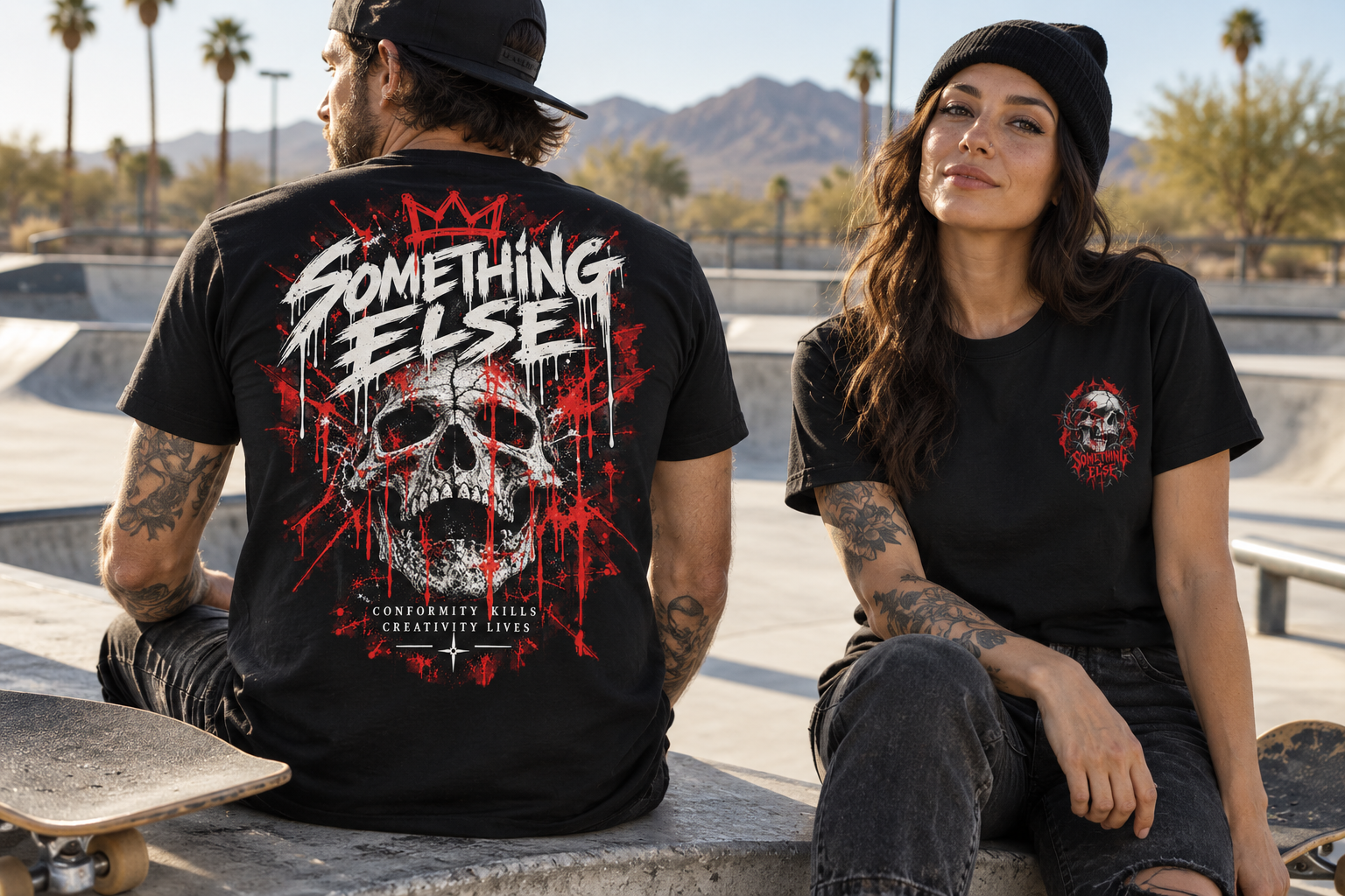 AI-created lifestyle preview of adults wearing the Black T-shirt · Red Skull