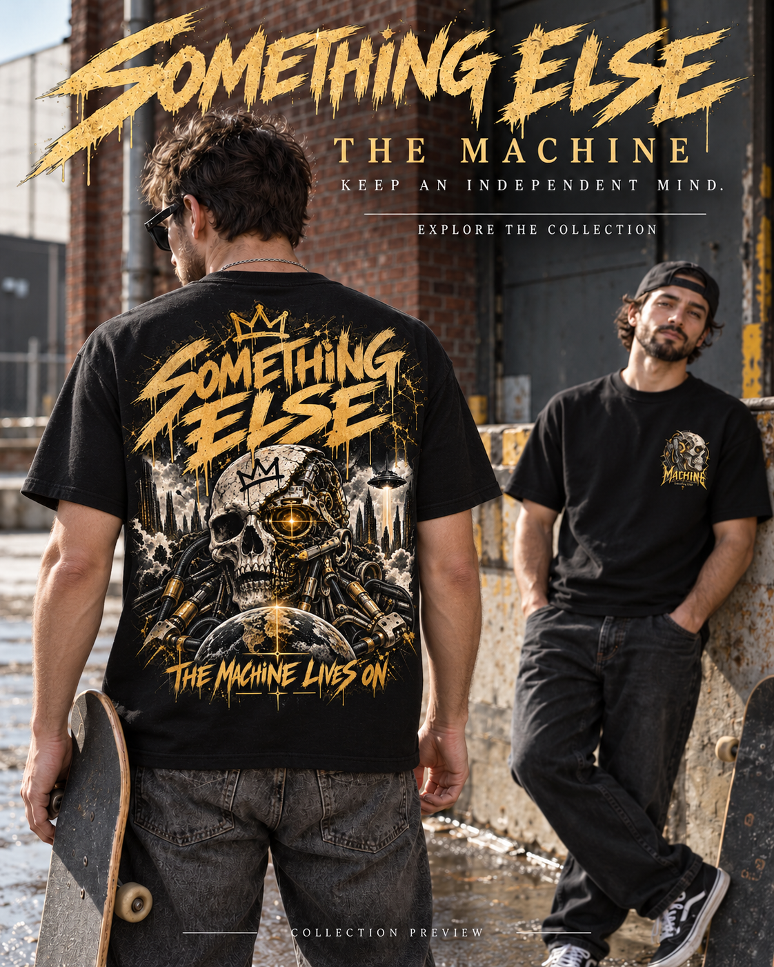 AI-created lifestyle preview of adults wearing the Black T-shirt · Machine Skull