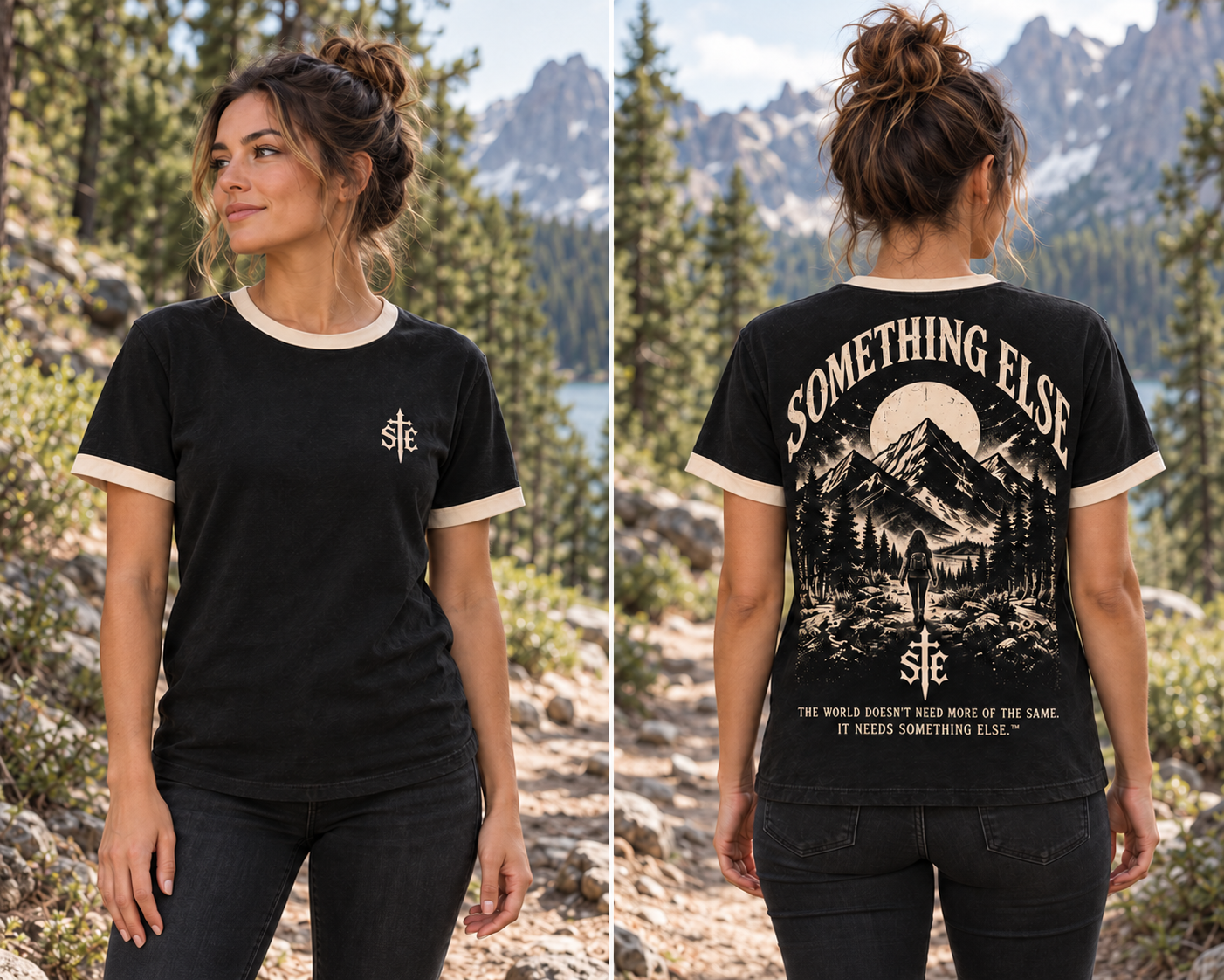 women vintage ringer tee — front and back worn by a woman